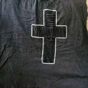 Lane Bryant Black Cotton Top Wit Cross Slashed Look